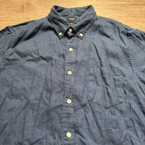 J Crew Shirt Mens Large Blue 100% Linen Button Up Short Sleeve Casual Preppy